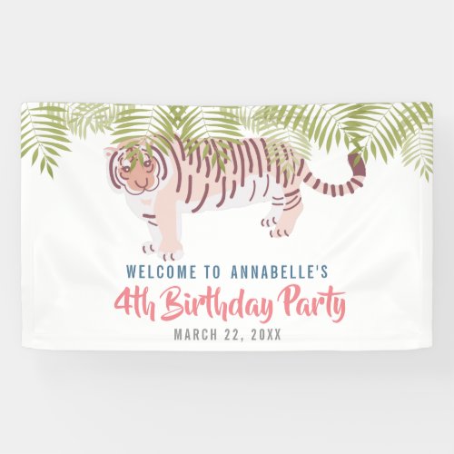 Wild Tiger Palm Tree Leaves Girl Birthday Pink Banner