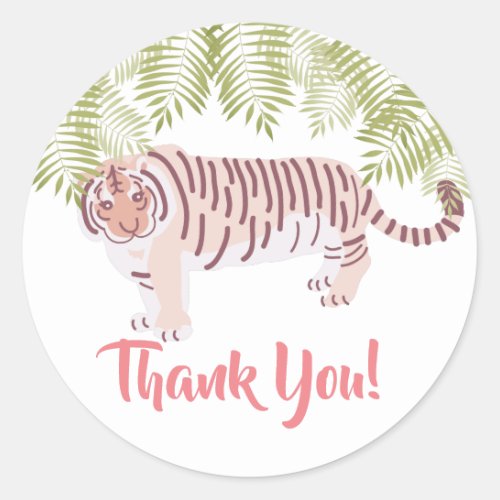 Wild Tiger Palm Tree Leaves Pink Thank You Classic Round Sticker