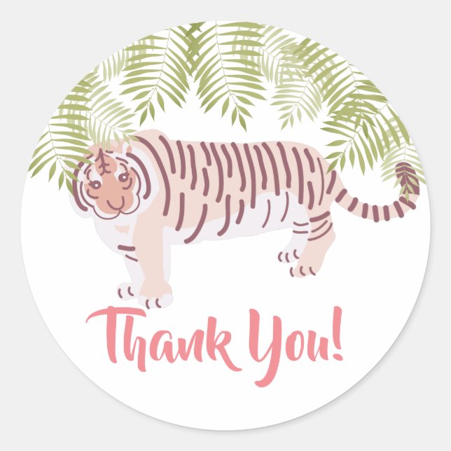 Wild Tiger Palm Tree Leaves Pink Thank You Classic Round Sticker (Front)