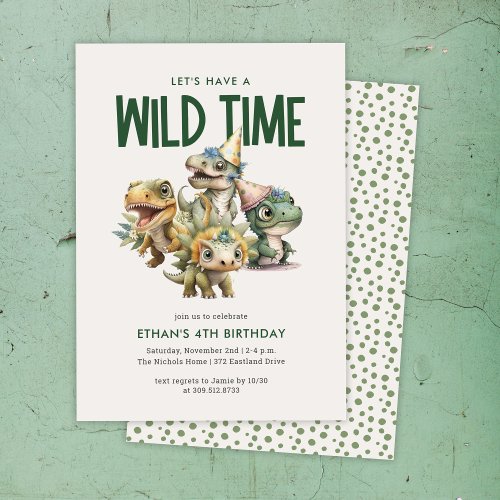 Wild Time Cute Dinosaur Kids Birthday Party Invitation