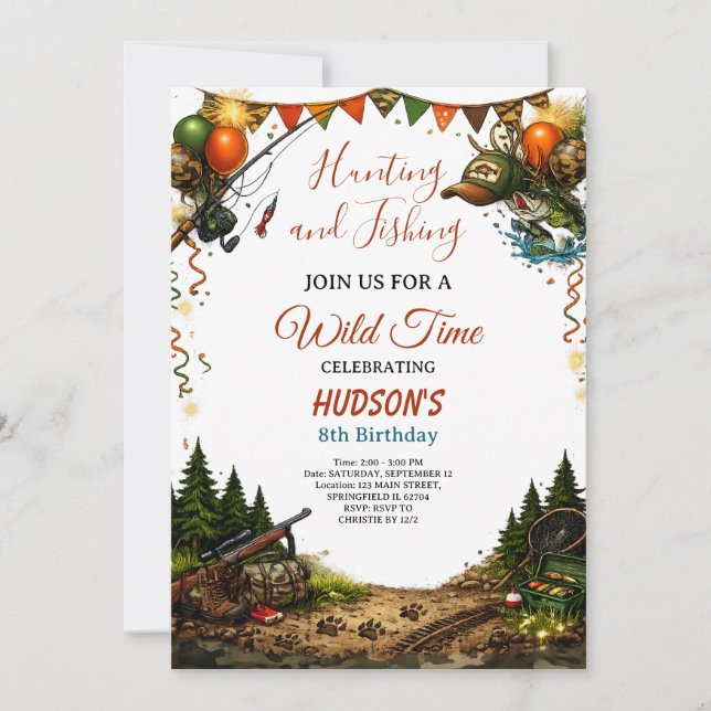 Wild Time Hunting and Fishing Boys 8th Birthday  Invitation (Front)