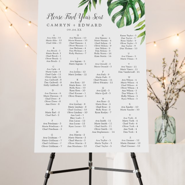 Wild Tropical 24x36" Alphabetical Seating Chart Foam Board (In Situ (Stand))