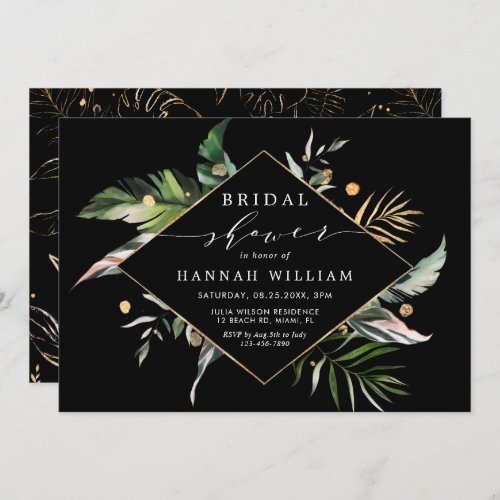 Wild Tropical Foliage Black Bridal Shower Invitation