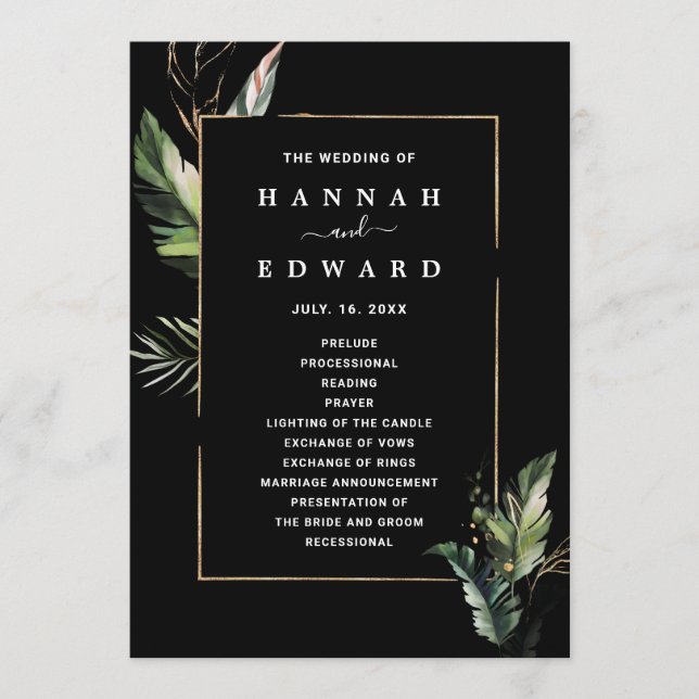 Wild Tropical Foliage Wedding Black Ceremony Program (Front)