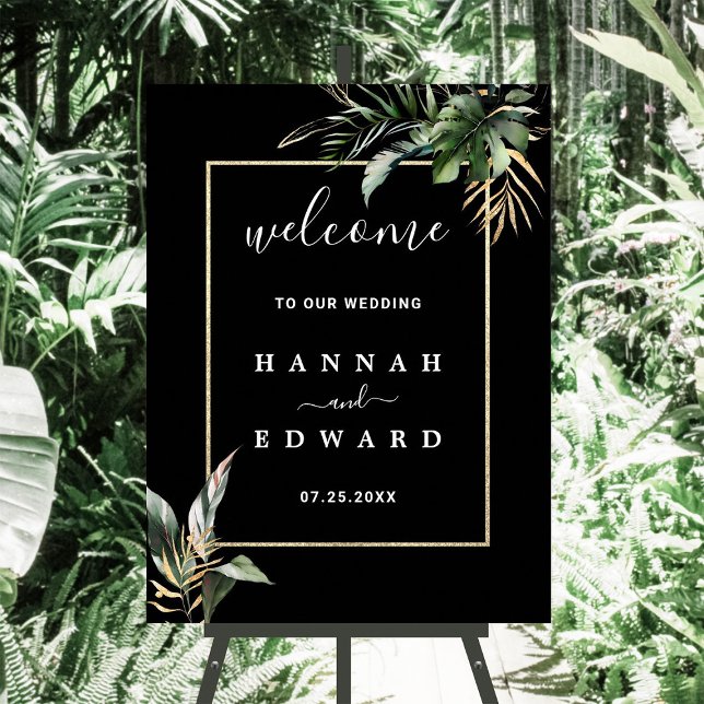 Wild Tropical Foliage Wedding Black Gold Wedding Poster (Creator Uploaded)