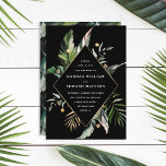 Wild Tropical Foliage Wedding Black Invitation<br><div class="desc">This wedding invitation features watercolor palm tree leaves,  banana leaves,  green tropical foliage,  and faux gold leaves with a faux gold diamond shape frame.  It's perfect for a tropical,  beach,  summer,  or destination wedding.</div>