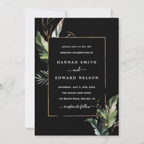 Wild Tropical Foliage Wedding Black Invitation