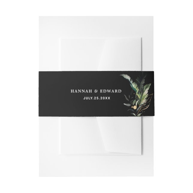 Wild Tropical Foliage Wedding Black Invitation Belly Band (Front Example)