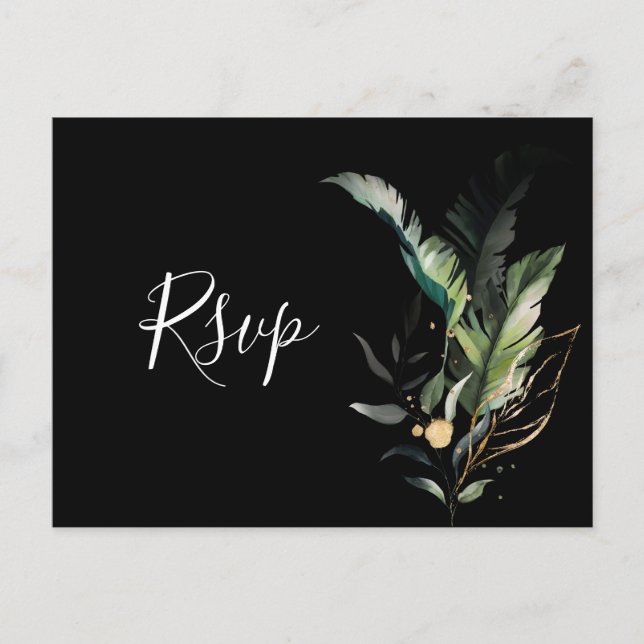 Wild Tropical Foliage Wedding Black RSVP Invitatio Invitation Postcard (Front)