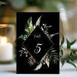 Wild Tropical Foliage Wedding Black  Table Number<br><div class="desc">This wedding table number card features watercolor palm tree leaves,  banana leaves,  exotic tropical leaves,  and faux gold leaves with a faux gold diamond shape frame.  It's perfect for a tropical,  beach,  summer,  or destination wedding.</div>