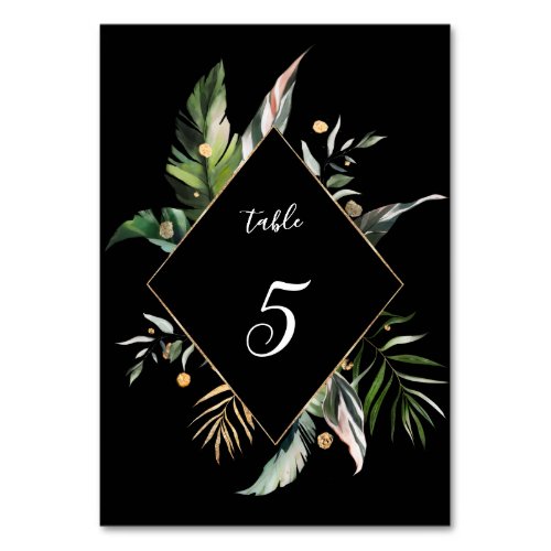 Wild Tropical Foliage Wedding Black  Table Number