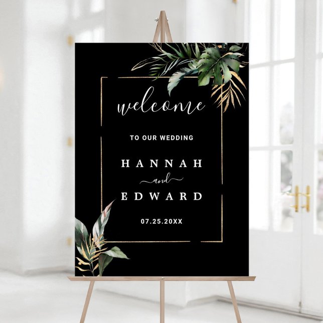 Wild Tropical Foliage Wedding Black Welcome  Foam  Board (Creator Uploaded)