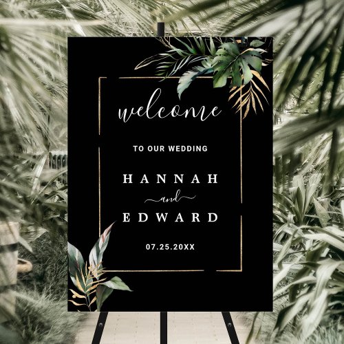 Wild Tropical Foliage Wedding Black Welcome Sign