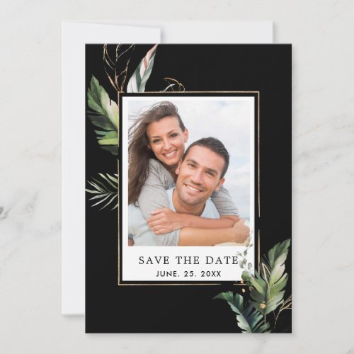 Wild Tropical Foliage Wedding Photo Black Save The Date