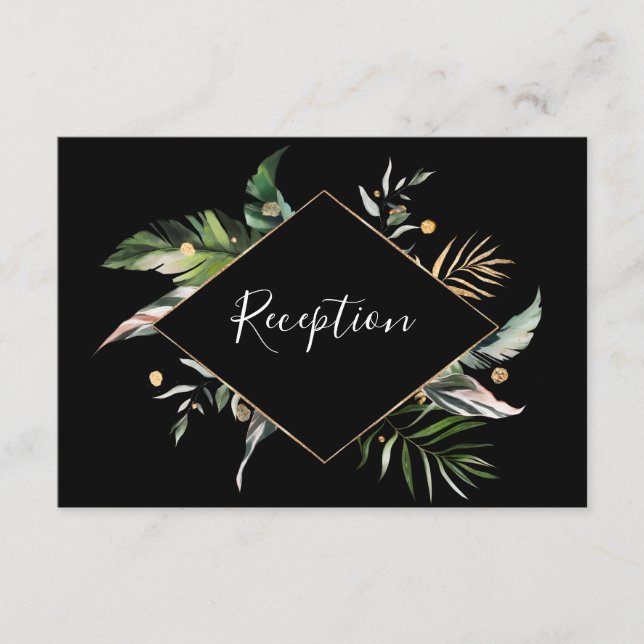 Wild Tropical Foliage Wedding Reception Black Enclosure Card (Front)