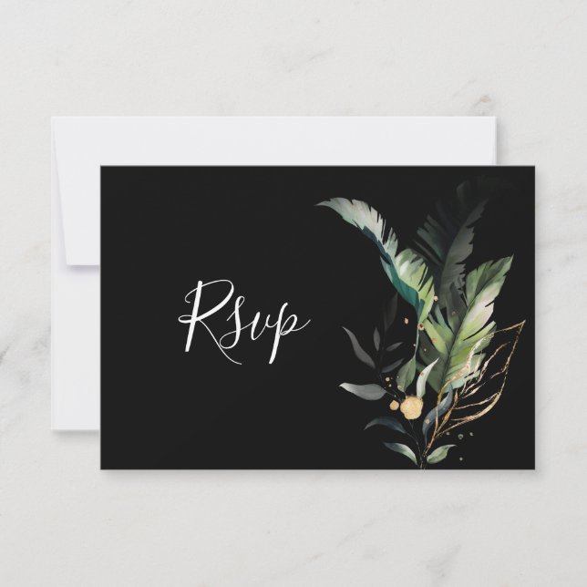 Wild Tropical Foliage Wedding RSVP Black Card (Front)
