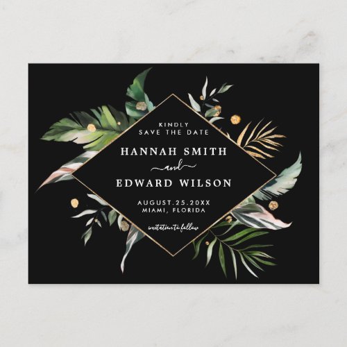 Wild Tropical Foliage Wedding Save The Date Black Announcement Postcard