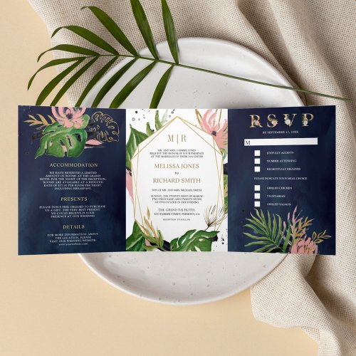Wild Tropical Gold Blush Pink Floral Navy Wedding Tri_Fold Invitation