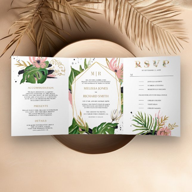 Wild Tropical Gold Blush Pink Floral Wedding Tri-Fold Invitation (Creator Uploaded)