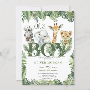 Wild tropical greenery leaves cute safari animals invitation