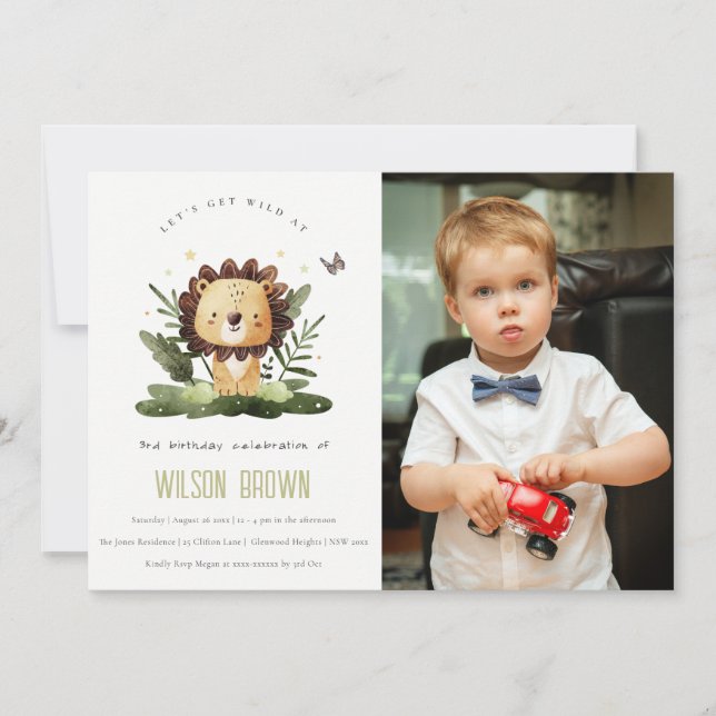 Wild Tropical Jungle Animal Lion Birthday Photo Invitation (Front)