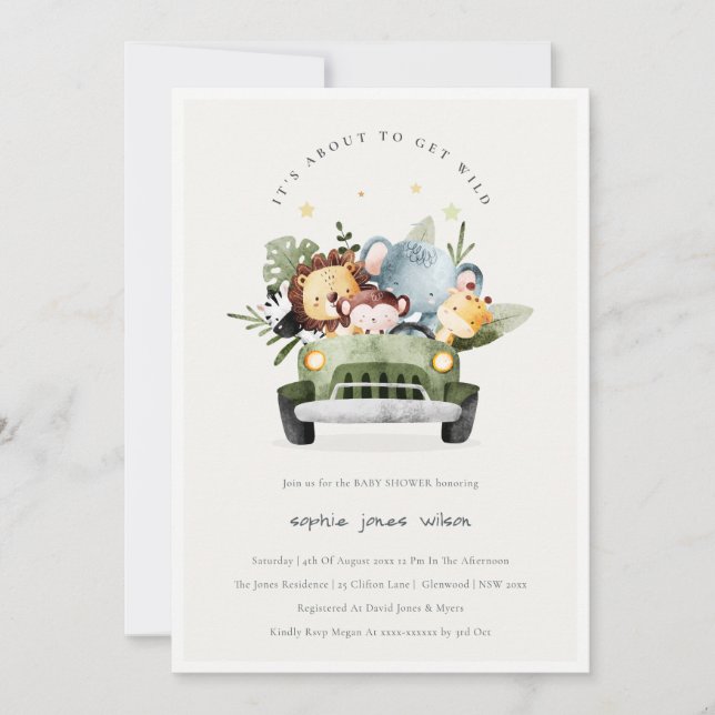Wild Tropical Jungle Animals in Car Baby Shower Invitation (Front)