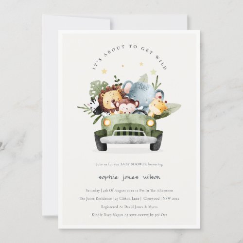 Wild Tropical Jungle Animals in Car Baby Shower Invitation