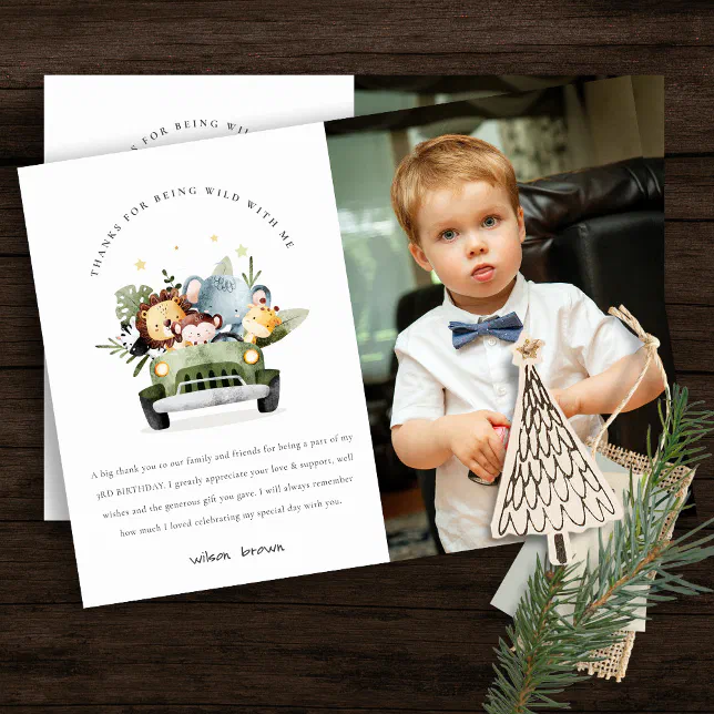 Wild Tropical Jungle Animals in Car Birthday Photo Thank You Card | Zazzle