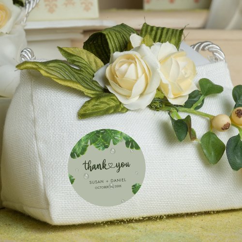 Wild Tropical Lush Palm Leaves Wedding Thank you Classic Round Sticker