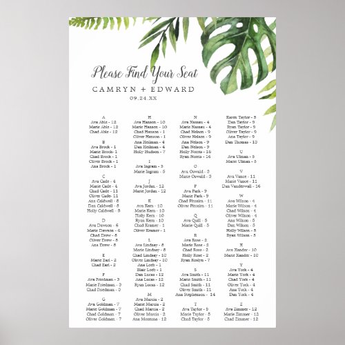 Wild Tropical Palm Alphabetical Seating Chart