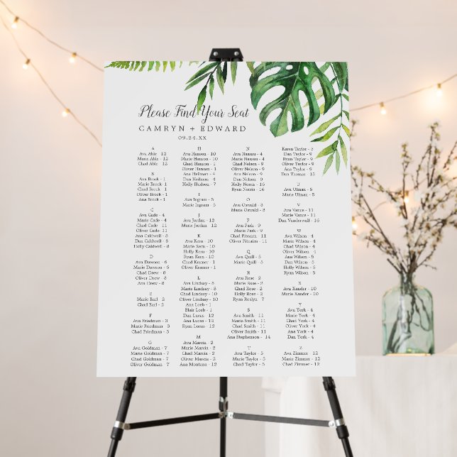 Wild Tropical Palm Alphabetical Seating Chart Foam Board (In Situ (Stand))