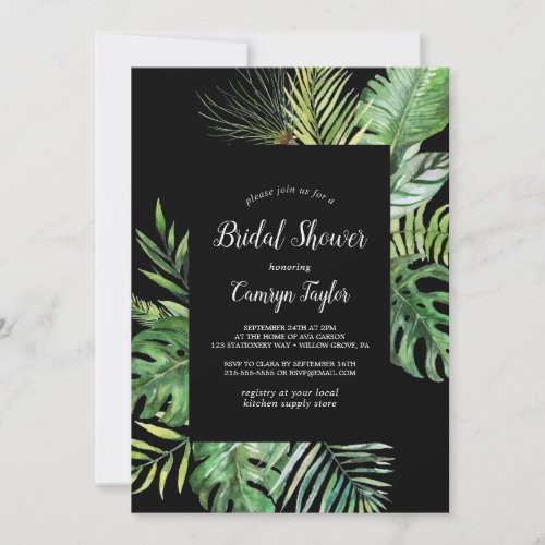 Wild Tropical Palm  Black Bridal Shower Invitation