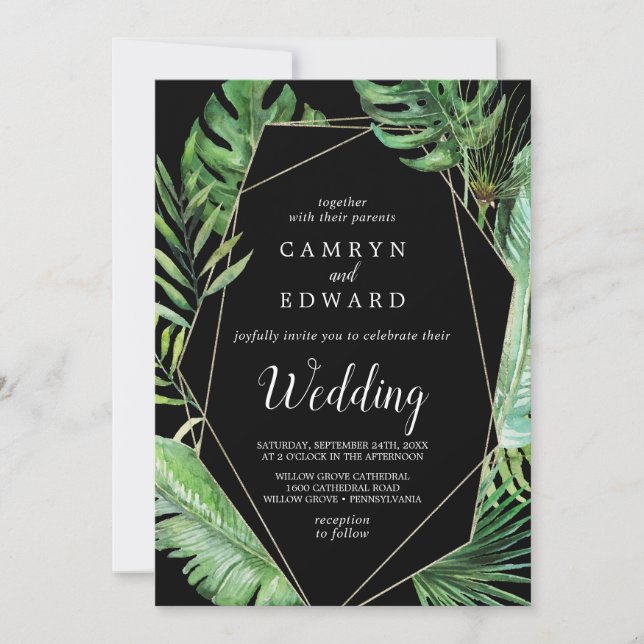 Wild Tropical Palm | Black Geometric Wedding Invitation (Front)