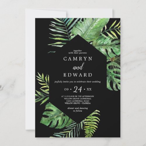 Wild Tropical Palm  Black Hexagon Casual Wedding Invitation