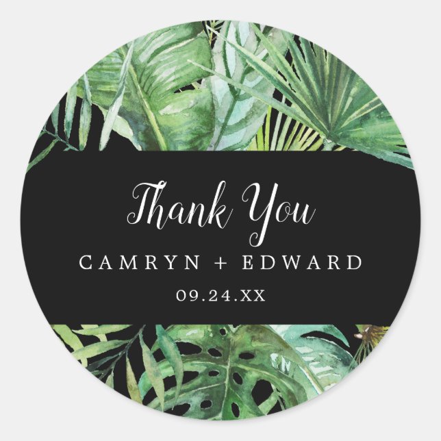Wild Tropical Palm | Black Thank You Favor Sticker (Front)