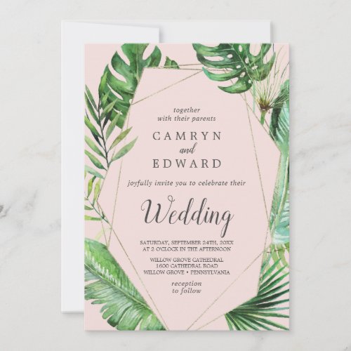 Wild Tropical Palm  Blush Geometric Wedding Invitation