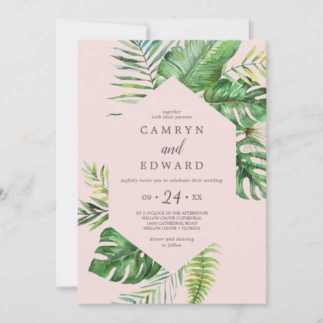 Wild Tropical Palm | Blush Hexagon Casual Wedding Invitation (Front)
