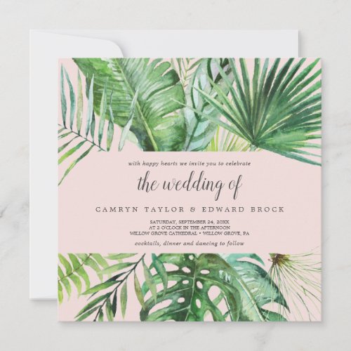 Wild Tropical Palm  Blush Square Wedding Invitation