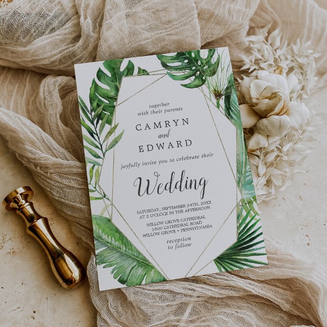 Wild Tropical Palm Geometric Summer Beach Wedding Invitation (Wild Tropical Palm Geometric Summer Beach Wedding Invitation)