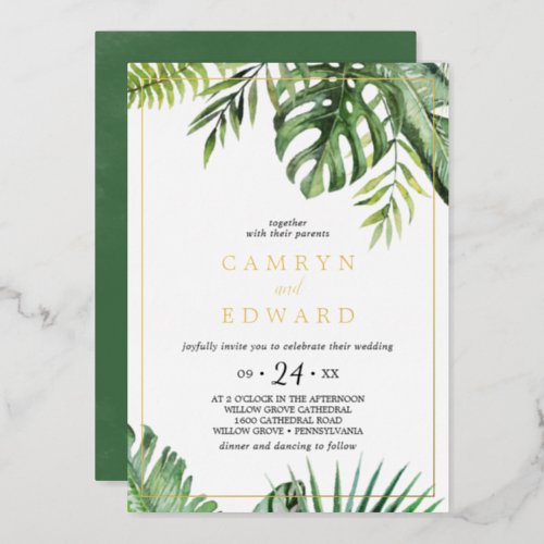 Wild Tropical Palm Gold Foil Frame Casual Wedding  Foil Invitation