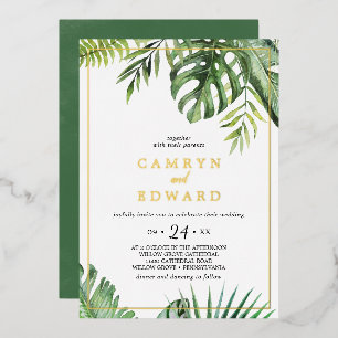 Wild Tropical Palm Gold Foil Frame Casual Wedding  Invitation
