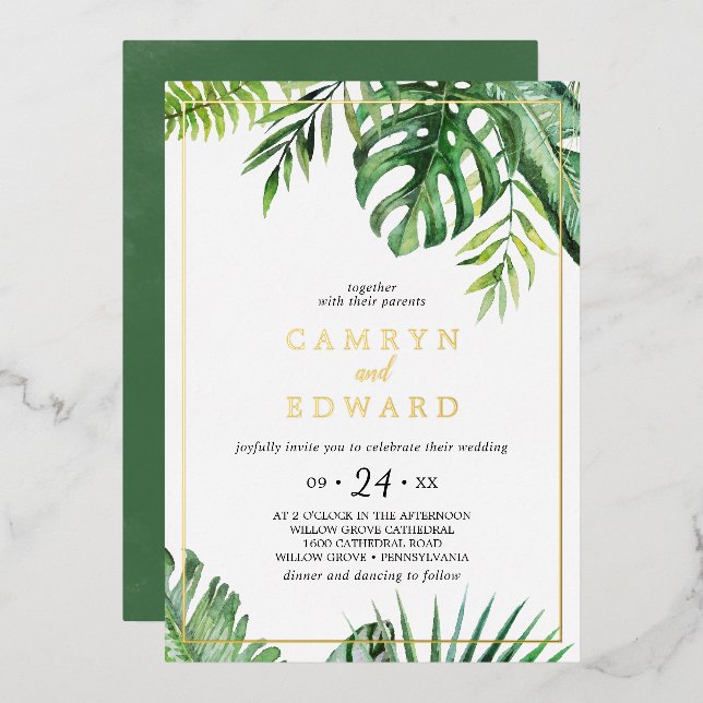 Wild Tropical Palm Gold Foil Frame Casual Wedding  Invitation (Front/Back)