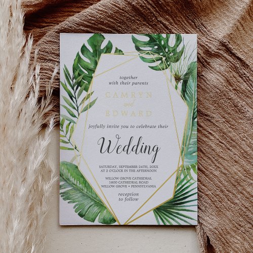 Wild Tropical Palm  Gold Foil Geometric Wedding F Foil Invitation