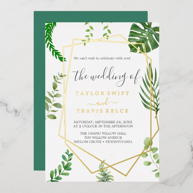 Wild Tropical Palm | Gold Foil Geometric Wedding  Foil Invitation (Front/Back)