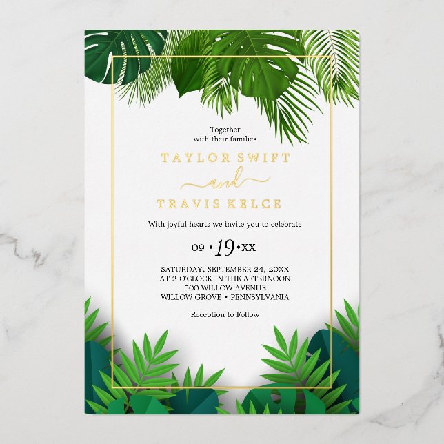 Wild Tropical Palm | Gold Foil Hexagon Wedding  Foil Invitation (Front)