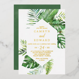 Wild Tropical Palm   Gold Foil Hexagon Wedding Invitation
