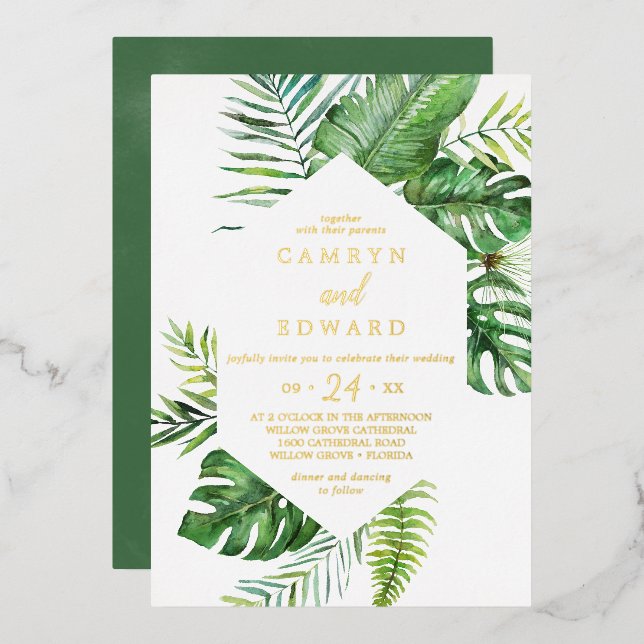 Wild Tropical Palm | Gold Foil Hexagon Wedding Invitation (Front/Back)