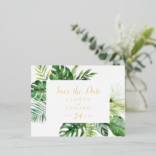 Wild Tropical Palm  Gold Foil Save the Date Foil Invitation Postcard