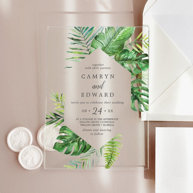 Wild Tropical Palm Leaf Destination Beach Wedding Acrylic Invitations (Wild Tropical Palm Leaf Destination Beach Wedding Acrylic Invitations)