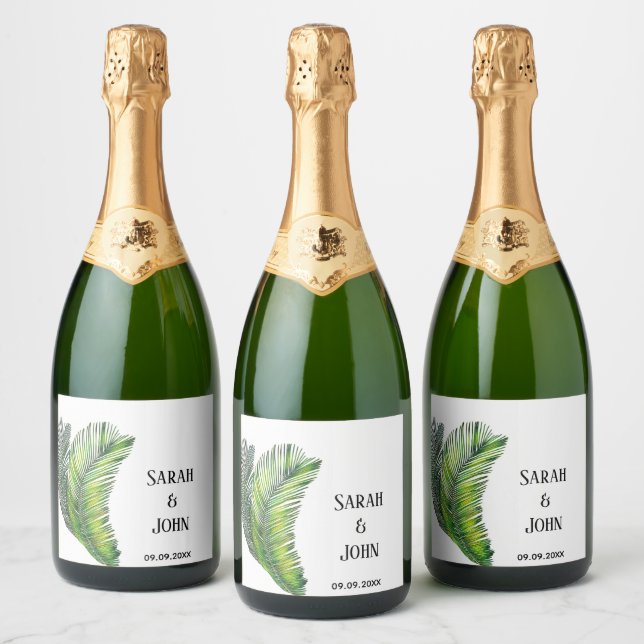 Wild Tropical Palm Leaves Greenery Wedding Sparkling Wine Label (Bottles)